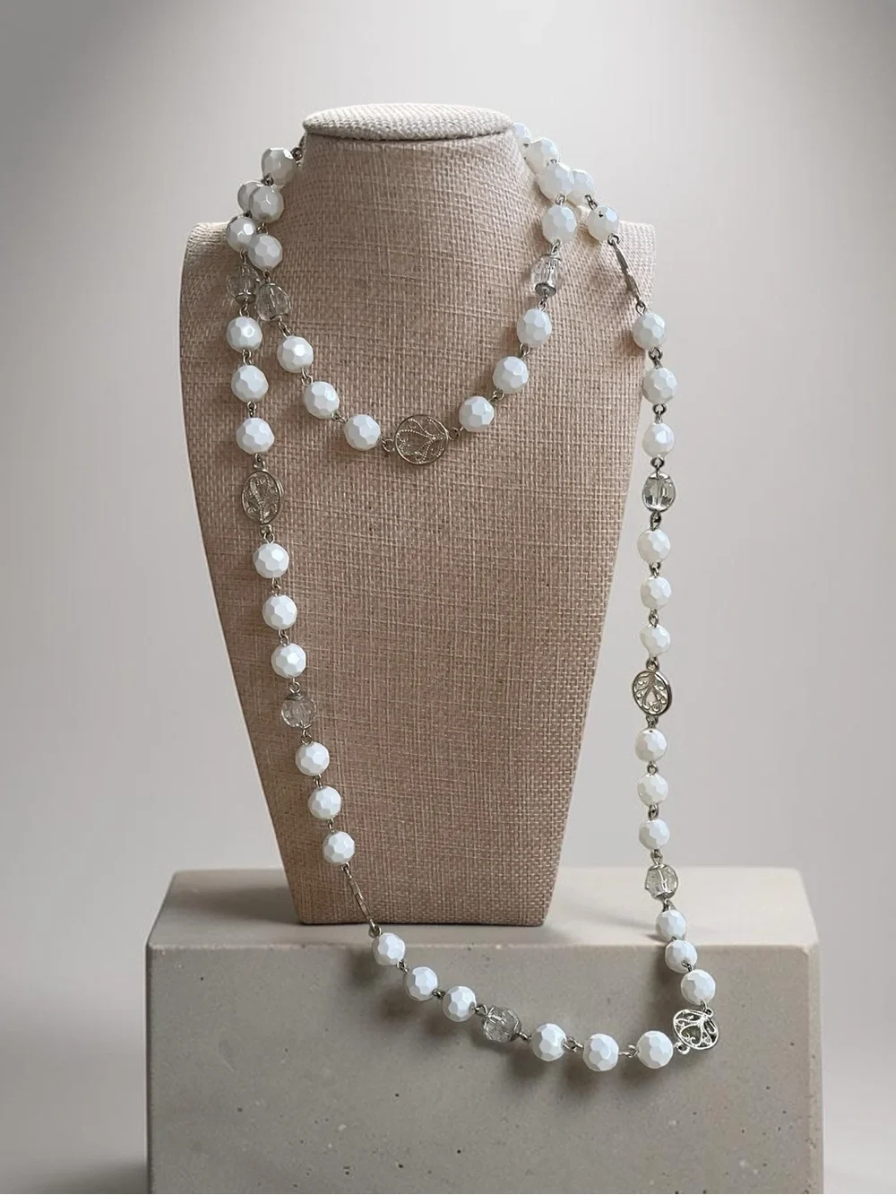 Long White Faceted Glass Crystal Medallion Silver Tone Station Necklace